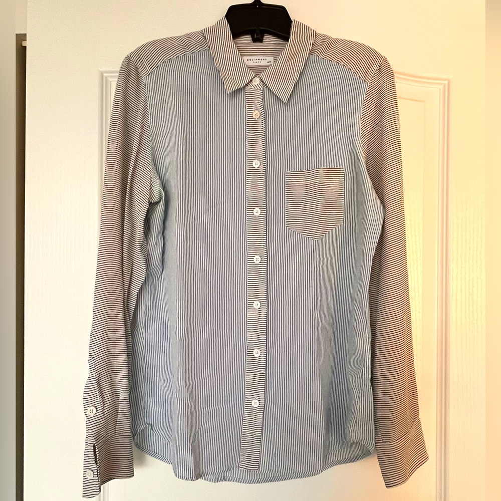 Equipment blouse 100% silk white with blue and black stripes M